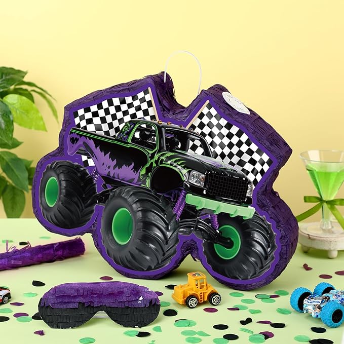 Green and Purple Truck Piñata of Monster Piñata Race Car Bundle with a Blindfold and Confetti Birthday Party Supplies Small Racing for Construction Favors Decor