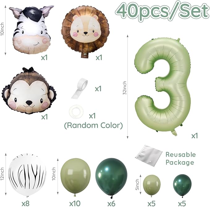Jungle Safari Birthday Balloons,Olive Green Animal Balloons Zoo Theme Decoration for Safari Birthday Wedding Shower Party Decorations (Number 3)