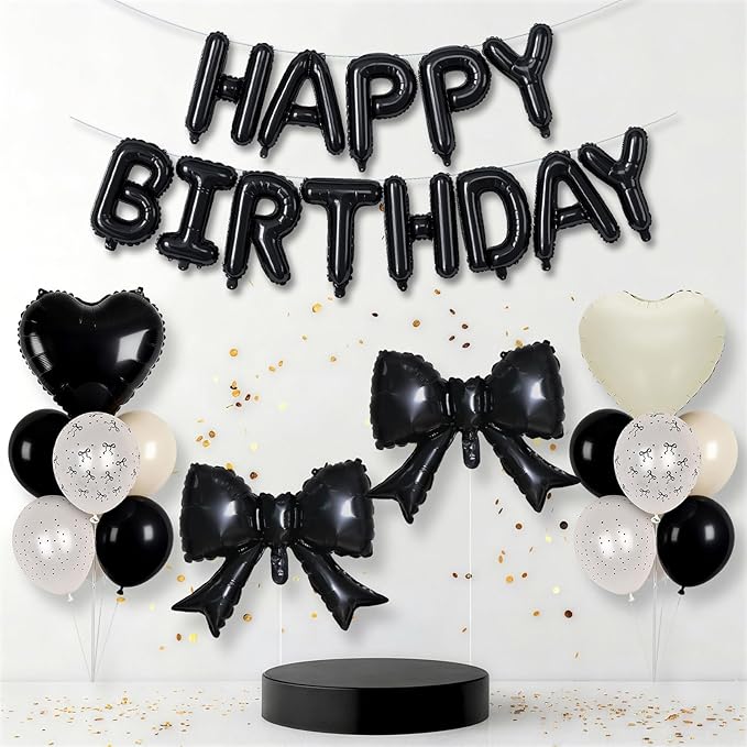 Black White Bow Birthday Decorations Black Sand White Cream Pearl Polka Dot Bows Print Balloon Happy Birthday Banner 38 In Coquette Foil Balloons Heart Balloon for Women Men Bday Party Supplies