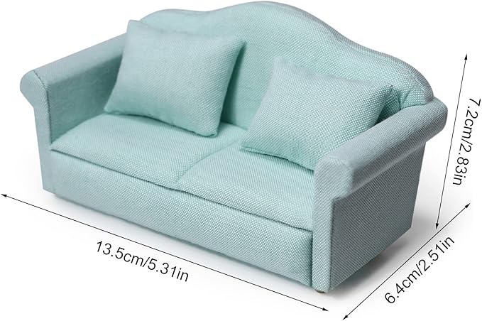 Dollhouse Couch Miniature Furniture Sofa with Pillows for Living Room Desktop Decoration Fabric Sofa Mini Home Scene Accessories Ornament (Double Sofa, Green)