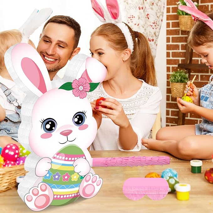 Hooqict Easter Egg Pinata Bunny Pinata with Blindfold and Bat Stick for Girls Spring Happy Easter Party Games Bunny Birthday Party Decorations Sunday Celebration Supplies