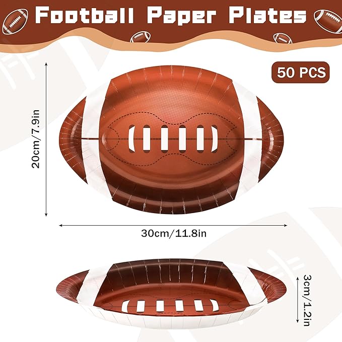 50PCS Football Shaped Disposable Paper Plates, Large 11.8in Football Party Plates, Football Theme Party Supplies, Sports Game Birthday Party Decorations, Touchdown Party Decoration