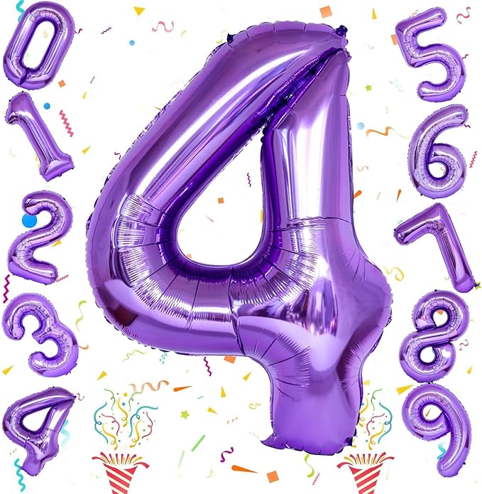 40 Inch Number Balloons 4 for Kids, Large Purple Number Balloon with Foil Helium for Girls Women 40 Years Old 4th Birthday Party Decorations Anniversary Graduation Party Decoration Supplies
