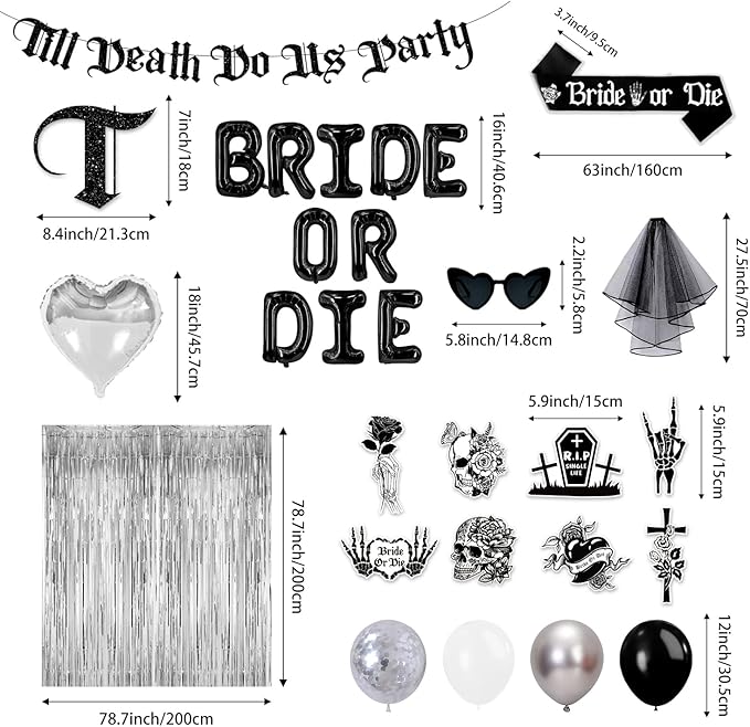 Bride or Die Bachelorette Party Decorations, 67pcs Till Death Do Us Party Banner Balloons Swirl Fringe Curtains Shoulder Strap Veil, Til Death Do Us Party Bachelorette Party Supplies