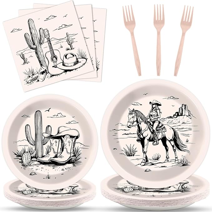 gisgfim 96Pcs Western Party Plates and Napkin Happy Cowgirl Party Supplies Wild West Tableware Dinnerware Set Western Themed Paper Dinner Dessert Plate Decoration Favors for 24 Guests