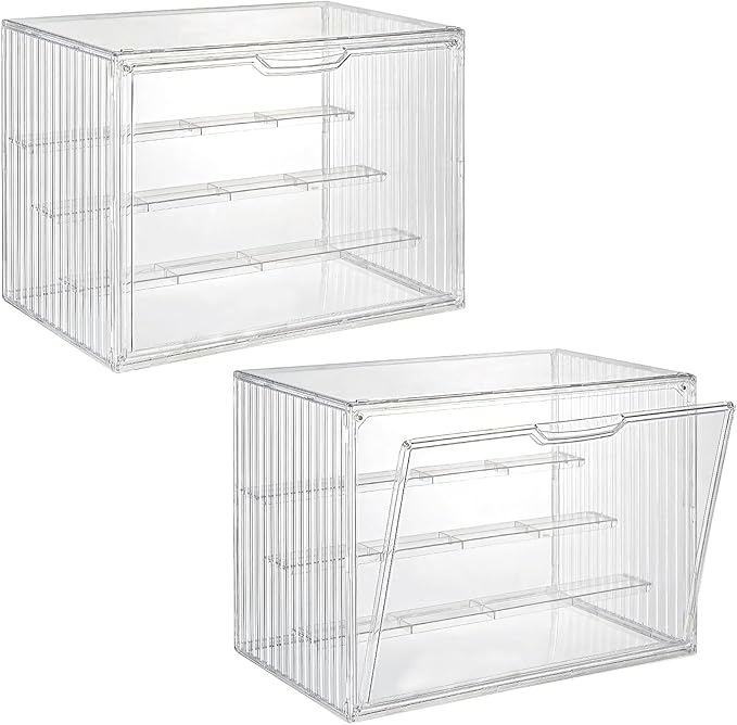2 Pack Acrylic Display Case, 4 Tier Clear Display Case with Magnetic Door and 3 Adjustable Divider, Stackable Large Figure Display Case for Collectibles Action Figures