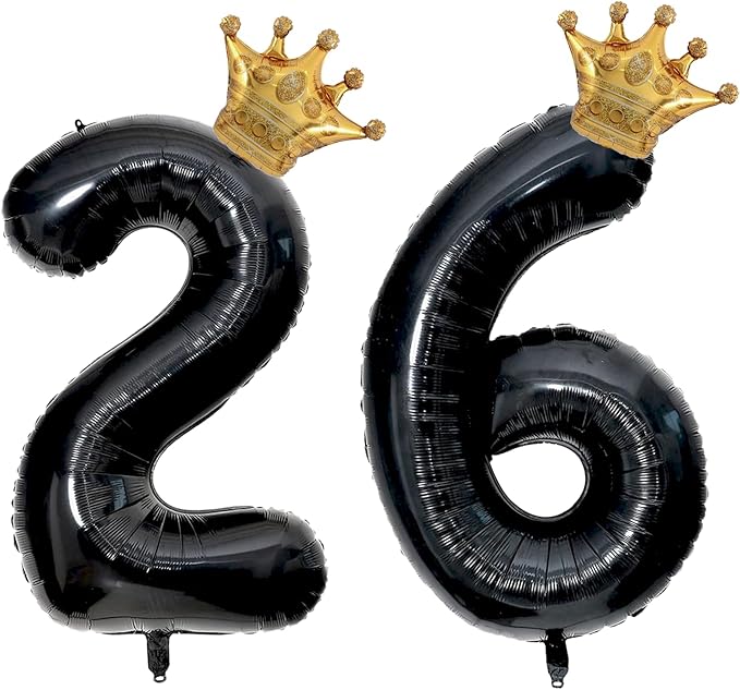 40 inch Large Black 26 Balloon Number with Gold Crown Balloons 26th Birthday Big Foil Mylar Helium Balloon for Boys Girls 26th Birthday Anniversary Decorations Supplies Favors(Number 26 Balloons）
