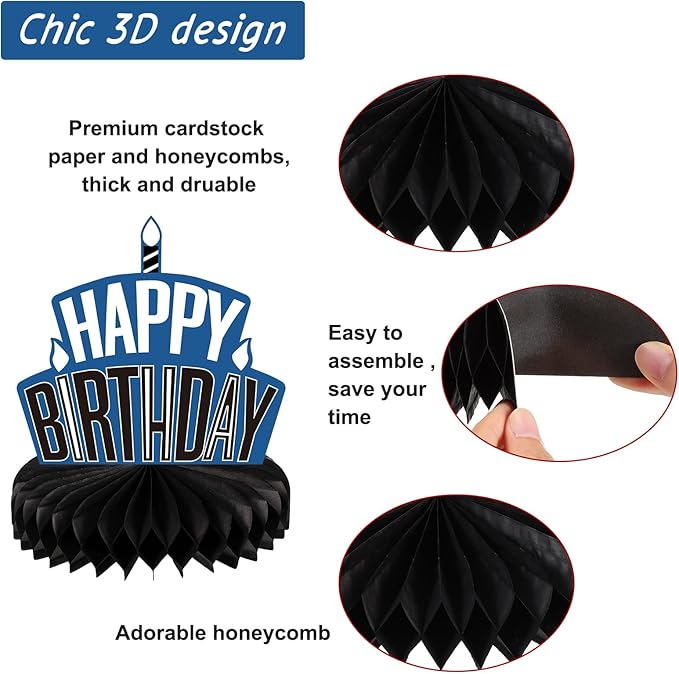 Pajean 8 Pieces Blue and Black Birthday Party Honeycomb Centerpieces Blue Black Table Centerpieces Decorations Table Centerpiece Sign for Kids Adults Party Supplies
