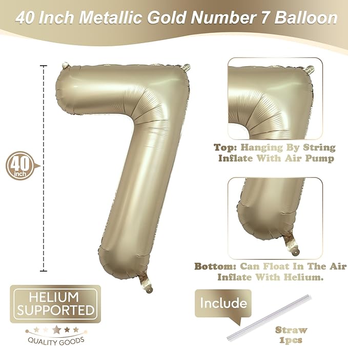 40 Inch Balloon Number 7 Metallic Gold, Large Mylar Foil Light Gold Number Seven Balloons for Girls Women, Champagne Gold Globos de Numero 7 Helium Balloons for Boys Men 7th Birthday Party Decorations