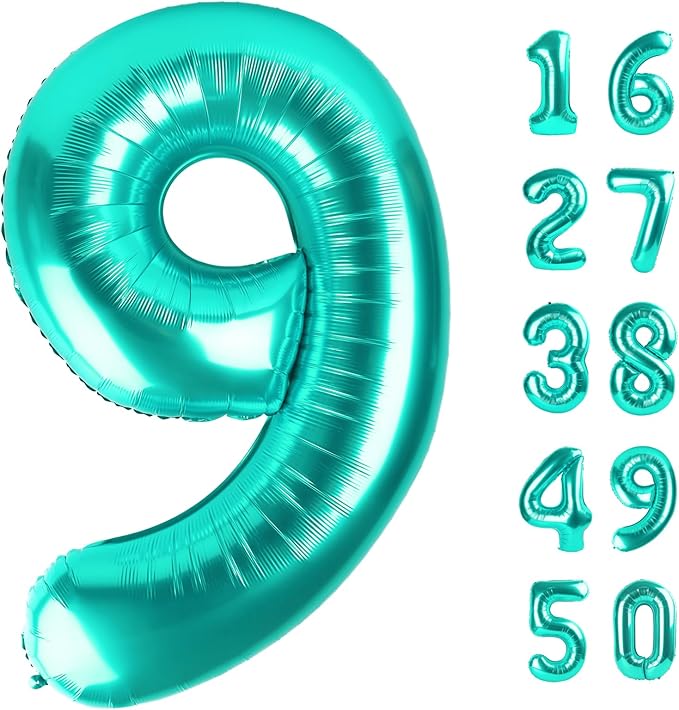 40 Inch Teal Blue Balloon Number 9,Jumbo Mylar Foil Helium Balloon for 9 19th 29th 39th 90th 99th Digital Balloons for Birthday Party,Wedding Anniversary Party Decorations
