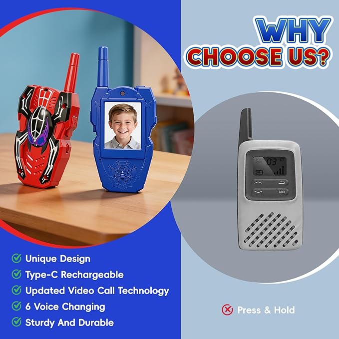 Video Walkie Talkies for Kids, 2 Pack Rechargeable Kids Walkie Talkies with Screen & 5 Voice Changer, Long Range Indoor Outdoor Toys for 3-12 Year Old Boys Girls, Easter Birthday Gifts, Spider
