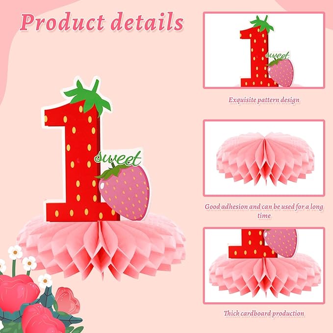 10 PCS Berry First Birthday Decor, Strawberry Theme 1st Birthday Table Centerpiece Strawberry Decorations for Baby Girls Berry Sweet for Party Table Topper Decor