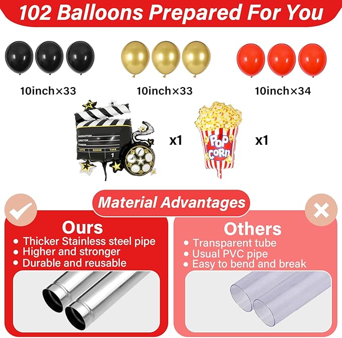2 Sets Movie Night Balloon Column Stand Kit With 102 Popcorn Clapboard Foil Balloons 5.57ft Adjustable Tower Stand With Base Adjustable Arch Column for Camera Film Movie Birthday Party Supplies
