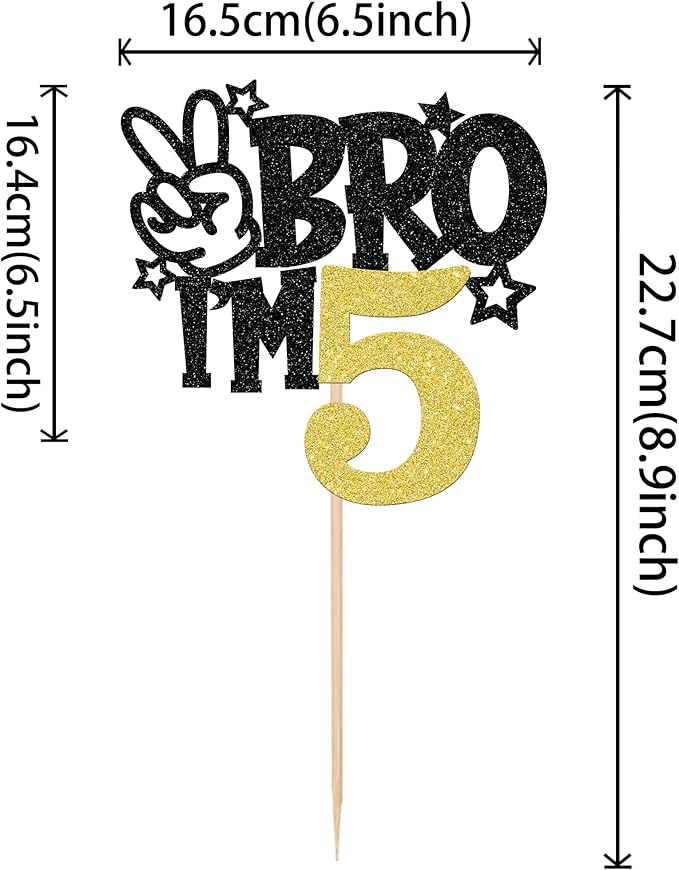 1 PCS Brother I'm 5 Cake Topper Glitter Star Happy 5th Birthday Cake Pick Bro I'm 5 Cake Decoration It's My 5th Birthday Decorations for Boys Cheers to 5 Years Old Birthday Party Supplies Gold