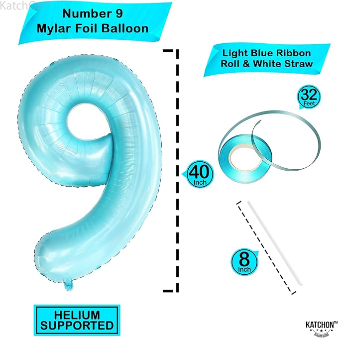 KatchOn, Giant Light Blue Number 9 Balloon - 40 Inch | Foil 9 Birthday Balloon for 9th Birthday Decorations | 9th Anniversary Decoration | Green Party Decoration
