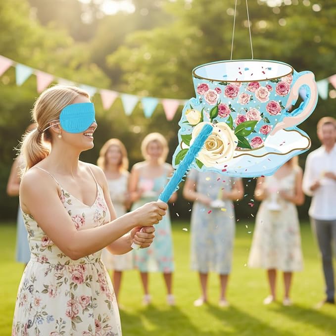 Aoriher 4 Pieces Tea Party Piñatas Tea Flower Themed Decorations Teapot Small Piñata Bundle with Blindfold and Stick Teacup Party Supplies Favors for Birthday (Blue,Teacup)