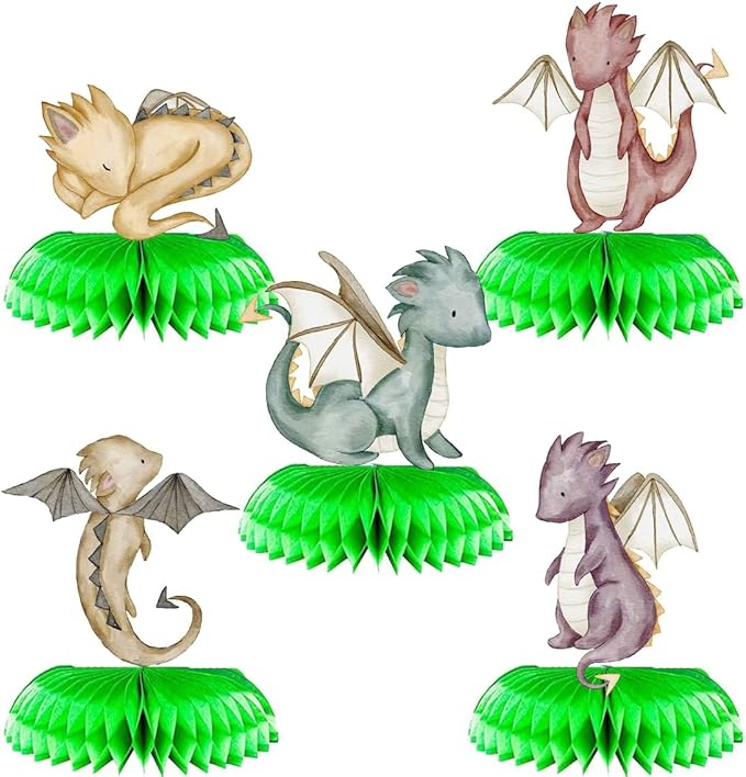 Dragon Table Centerpieces – 5 pcs Baby Dragon Honeycomb Decorations for Kids Birthday, Baby Shower, Fantasy and Medieval Theme Party Supplies