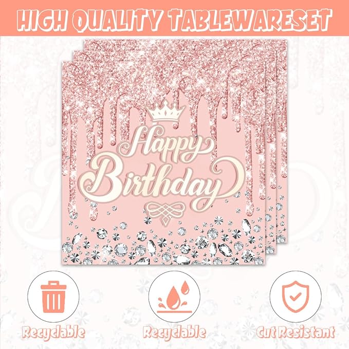 41pcs Pink and Silver Party Supplies ,include 20 dessert plate,20 Napkin and 1pcs Tablecloth,Used for Pink Glitter and Silver Birthday Party Decoration