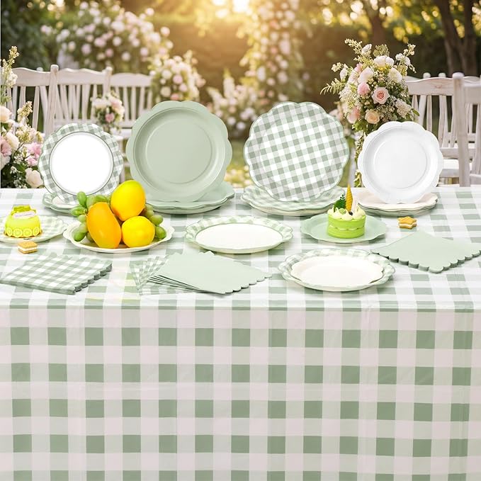 LemonRoad 100 Pcs Sage Green Gingham Paper Plates Napkins Plastic Tablecloth Set for 24, Green White Disposable Dinner Dessert Scalloped Plates for Baby Shower Picnic Birthday Party Supply Decoration