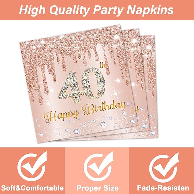 96PCS Rose Gold 40th Birthday Party Paper Plates and Napkins Forty Years Old Table Decorations 40th Birthday Disposable Dessert Tableware Set Serves 24 Guests Girl Ladies Women Party Supplies Favors