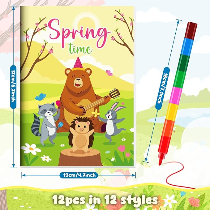 BenLouis 12 Spring Mini Coloring Books Kids with 12 Stacking Crayons Easter Party Favors Small Activity Books Bulk for Kids Spring Butterfly Flower Bee Theme Party Gift Goodie Bag Stuffers