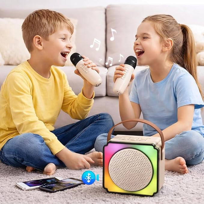 Portable Mini Karaoke Machine for Kids with 2 Wireless Microphones, Bluetooth Speaker, Fun Voice Effects, Lightweight Karaoke Toy for Girls & Boys (Pink)