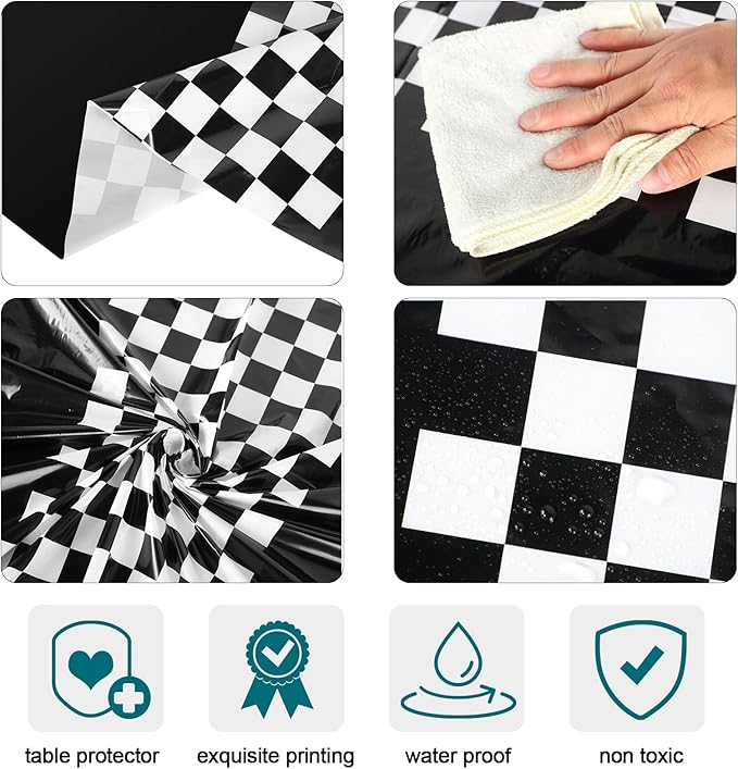 Oudain 3 Pcs Cars Birthday Party Supplies Racing Party Decorations Round Racing Tablecloth Checkered Flag Table Covers Road Plastic Table Cloth, 1950s Disco Dancing Party Tablecloth (Black)