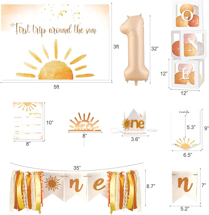 First Trip Around The Sun Birthday Decorations Party Supplies, Boho Sun 1st Birthday Decorations for Girl, First Trip Around The Sun Balloon Box Backdrop