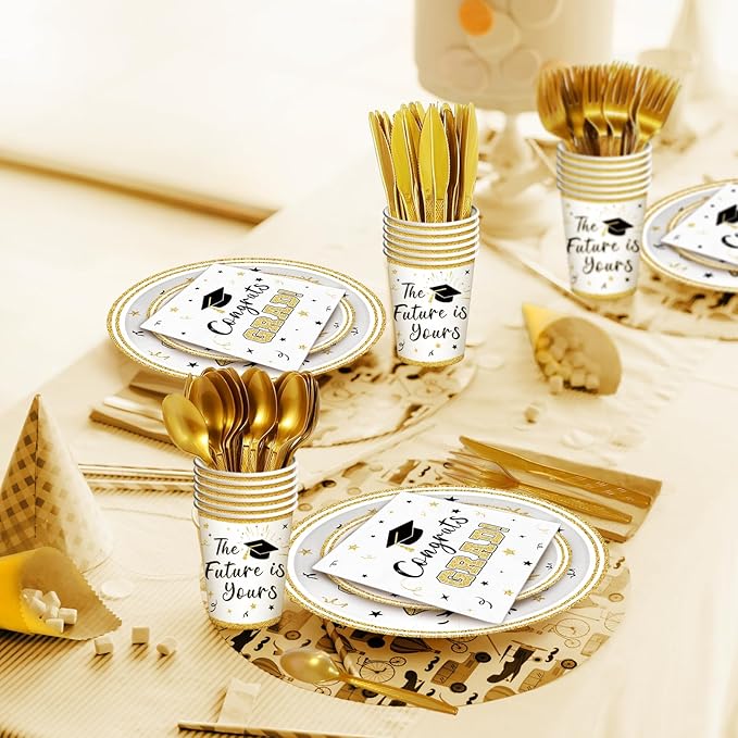 175 Pcs Graduation Tableware Set Party Supplies - Serves 25, Congrats Grad Class of 2025 Disposable Plates, Cups, Napkins, Forks, Spoons, Knives for High School, College Graduation, Prom Decorations