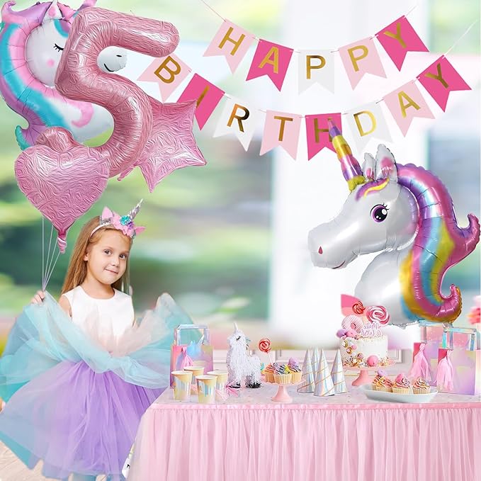 Yancan 5th Unicorn Birthday Decorations for Girls, 5 year old Girl Party Supplies with Happy Birthday Banner, Unicorn Balloons