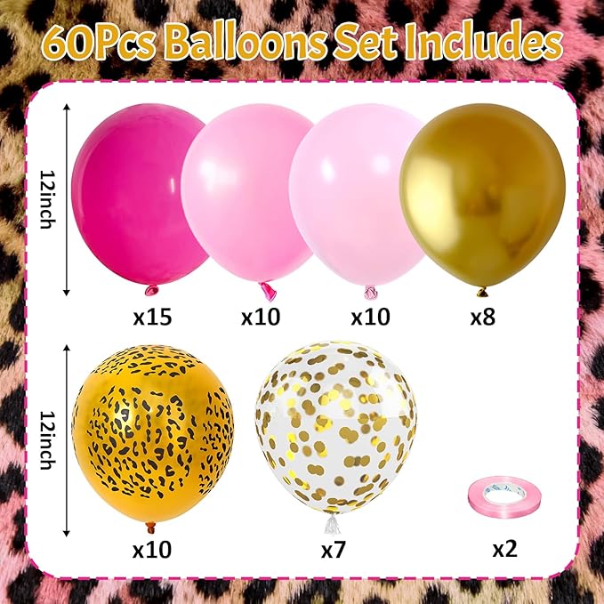 Hot Pink Cheetah Balloons, 60Pcs 12Inch Light Pink Metallic Gold & Leopard Print Balloons with Confetti Latex Balloon for Girl Women Birthday Bachelorette Baby Shower Safari Animal Theme Party Decor