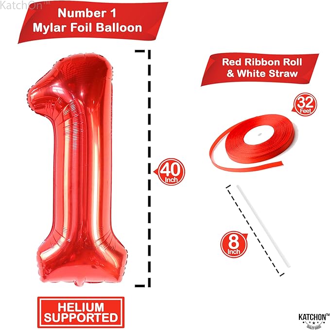 KatchOn, Red Number 1 Balloons - 40 Inch | Foil Balloon For 1 Happy Birthday Decorations | Number One Balloon For Happy Anniversary Decorations | Red One Balloons For 1st Birthday Party Decorations