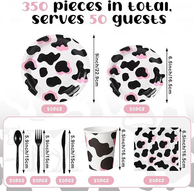 Domensi 350 Pcs Pink Cowgirl Party Supplies Cow Party Tableware Set Serve 50 Cow Print Plates Napkins Cups Cow Theme Party Decoration for Cowgirl Cowboy Farm Animal Cow Theme Birthday Baby Shower