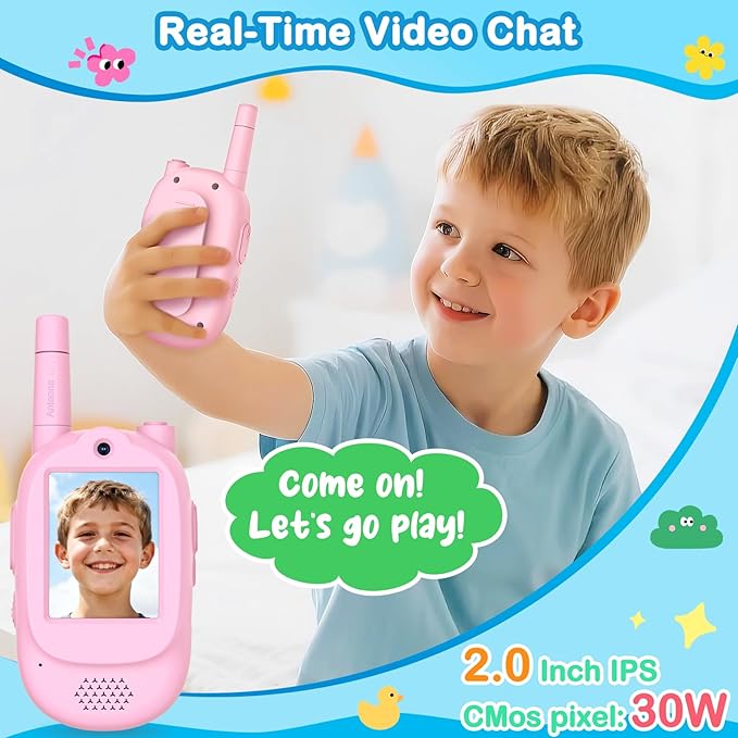Video Walkie Talkies for Kids, 2 Pack Rechargeable Real-Time Video Chat & Voice Changer Walkies Talkies with Watch Straps, Long Range Family Games, Outside, Gifts for Boys Girls Ages 3-12 Pink