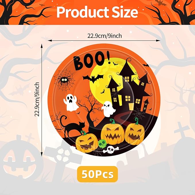 50 Pcs 9-Inch Halloween Paper Plates - Spooky Haunted House Party Supplies Set, Disposable Tableware with Ghost, Pumpkin, and Bat Designs for Candy, Snack, Dessert, Trick or Treat Decorations