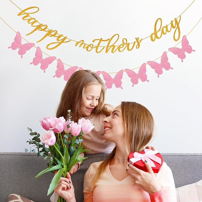 Happy Mother's Day Banner Decorations for Party Glitter Gold Pink Butterfly for Mother's Day Party Decorations Backdrop Garland Photo Props