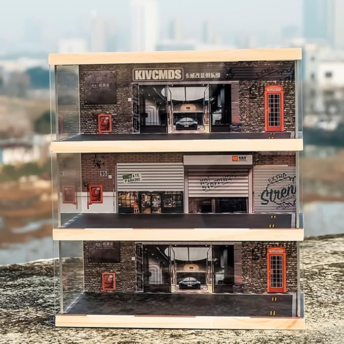 1:24 Scale 3-Tier Vehicle Display Case with Parking Lot Scene for Sports Car & Lego Collectors, Display Stand for Alloy Car Model Toy (3-Tier Auto Repair Store Scene)