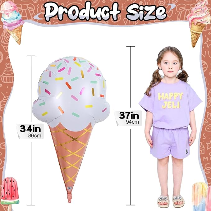 32 Inch Large Ice Cream Balloons Cone Kit, Giant Sweet Ice Cream Sprinkle Foil Balloons, Popsicle Three Scoops of Fun Social Party Decorations for Kid Girls Birthday Summer Beach Hawaii Pool Decor