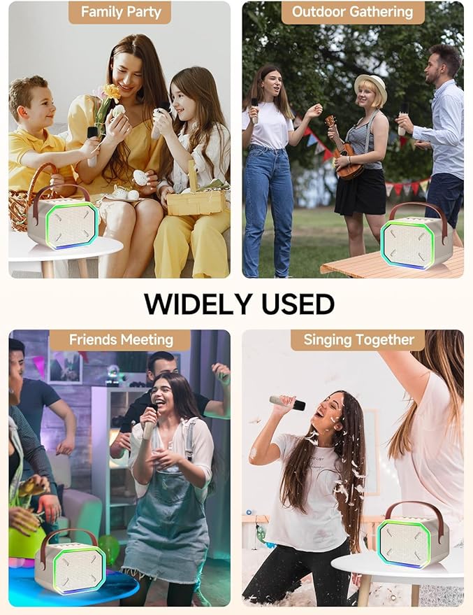 Karaoke Machine for Kids and Adults, Mini Portable Bluetooth Speaker with 2 Wireless Microphones, Led Lights for TV, Kids Gifts for Girls Boys Family Party Birthday (Beige)