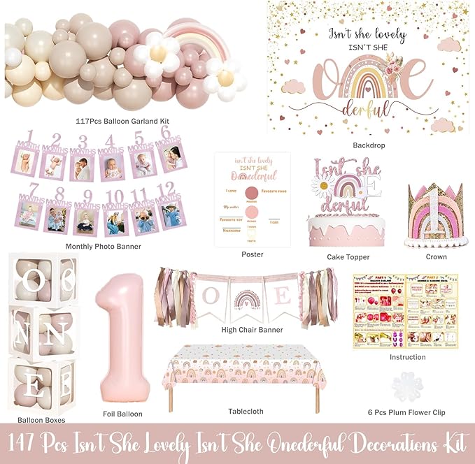 Isn't She Lovely Isn't She Onederful First Birthday Decorations, 147 PCs – Onederful 1st Party Supplies with Boho Rainbow Backdrop, Balloon Garland, Cake Topper, Daisy Foil Balloons