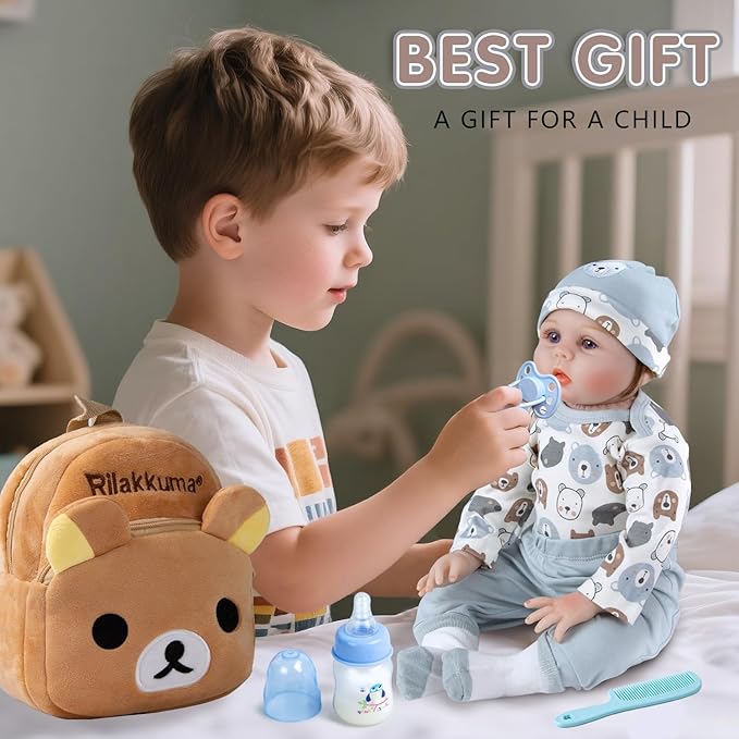 12 Pcs Reborn Baby Doll Clothes Set for 17-22 Inch Babydolls, Eazy Bear Reborn Baby Doll Clothes and Accessories with Plush-Finish Backpack, Beer hat, and Clothes for Realistic Babydolls