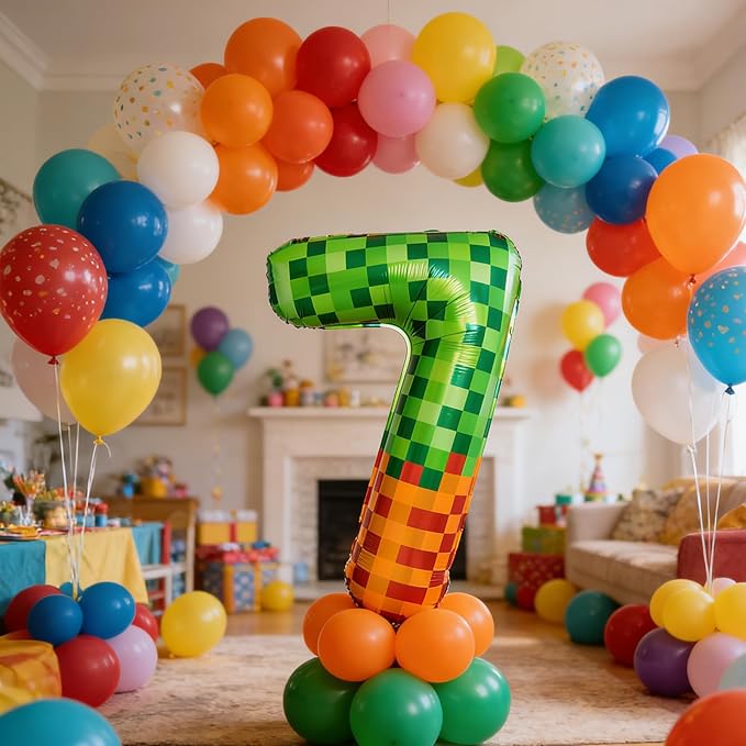 Green Pixel Miner Number 5 Foil Balloon Set 40 Inch Large Mylar Mining Theme Brown 5th Number Balloons Pixel Cubes Boxes Video Game Birthday Party Decorations 10Pcs