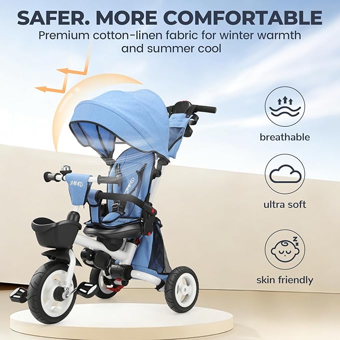 JMMD 8 in 1 Tricycle Stroller with Push Handle, Foldable Trike with 360° Swivel Seat, Reclining Backrest, All-Terrain Wheels, Dual Brakes, Canopy & Storage, Gift for Kids 18 Months to 5 Years, Blue