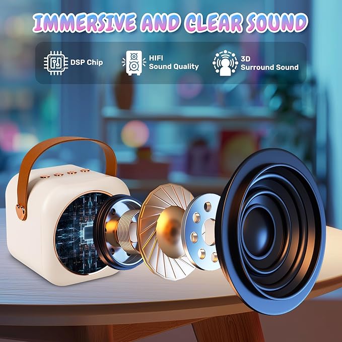 Mini Karaoke Machine with 2 Wireless Microphones, Portable Bluetooth Speaker for Kids & Adults, Ideal Birthday for Girls Boys Ages 3-12, Home Party Travel Entertainment Toy (White)