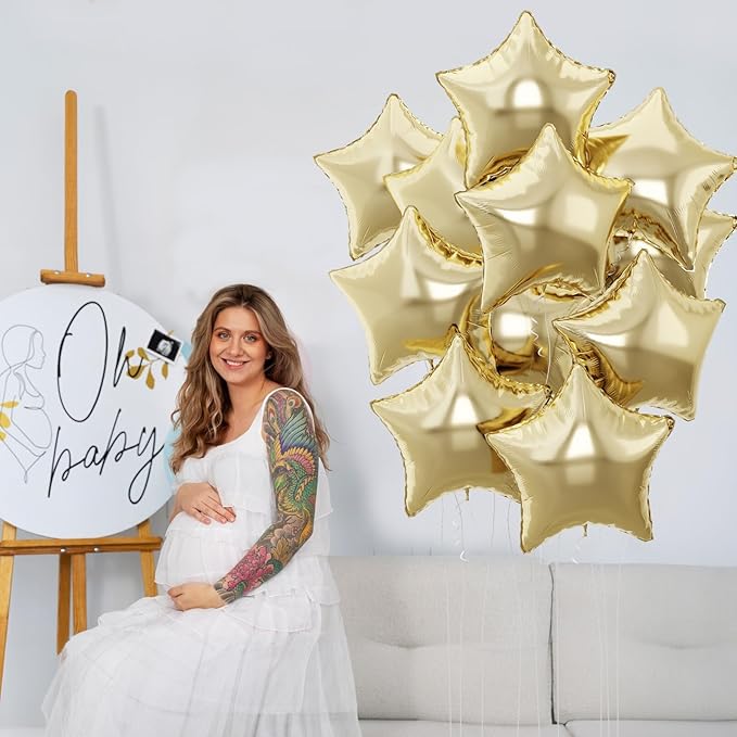 Gold Star Foil Balloons, 18 Inch Light Gold Stars Shape Foil Helium Balloons, 10 Pcs Large Light Yellow Pentagram Balloon Party Decorations for Birthday Wedding Baby Shower Graduation Supplies