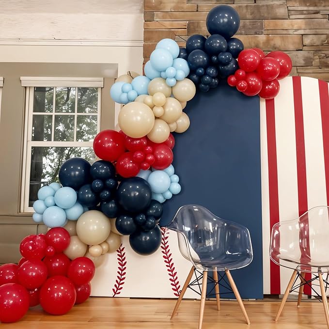 Baseball Theme Balloon Garland Arch Kit, Navy Blue Red Nude Light Dark Blue Balloon Arch with Baseball Glove Foil Balloons for Boys Baseball Themed Birthdays Party Baby Shower Decorations