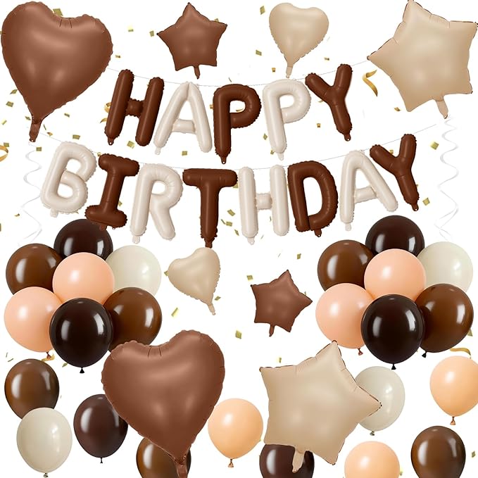 Cream Brown Birthday Decorations Boho Neutral Nude Brown Coffee Beige Apricot Sand White Balloons Happy Birthday Banner Heart Balloons 18/10 Inch Star Balloon for Women Bday Party Supplies