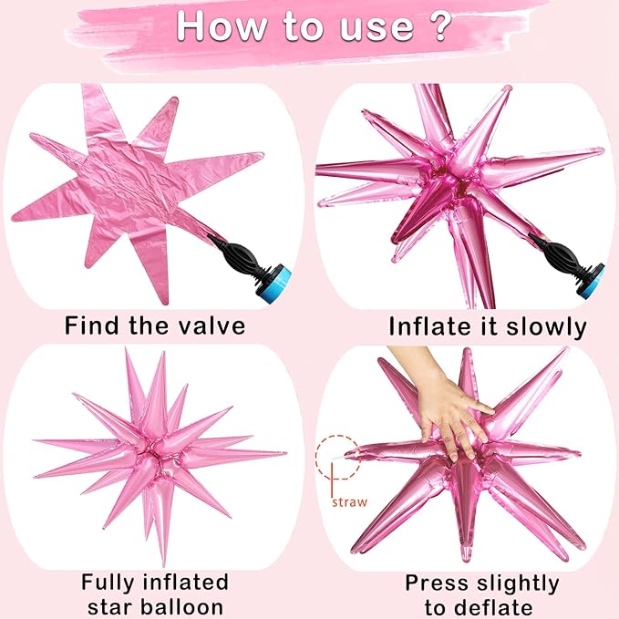 20 Pcs Star Balloons Explosion Foil Balloon- 12 Point 27”22”Pink Spike Balloons and Four Pointed Star Balloon for Party Supplies Christmas Birthday Wedding Photo Booth (Pink)