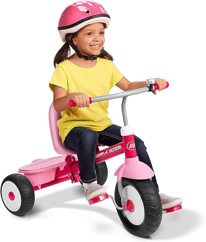 Radio Flyer Deluxe Steer & Stroll Trike, Pink, for Kids 2-5, 2-in-1 Parent Steer Tricycle Removable Push Handle Adjustable Seat Steel Frame Covered Storage Bin Tricycle for Toddlers and Kids.