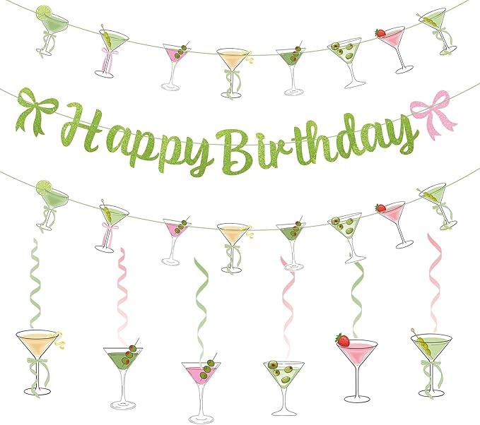 Martini Cocktail Cups Themed Party Decorations - 1pcs Glitter Green Happy Birthday Banner, 2pcs Martini Cocktail Cups Theme Banner Bunting Garlands, 6pcs Martini Themed Hanging Swirls(6 styles)
